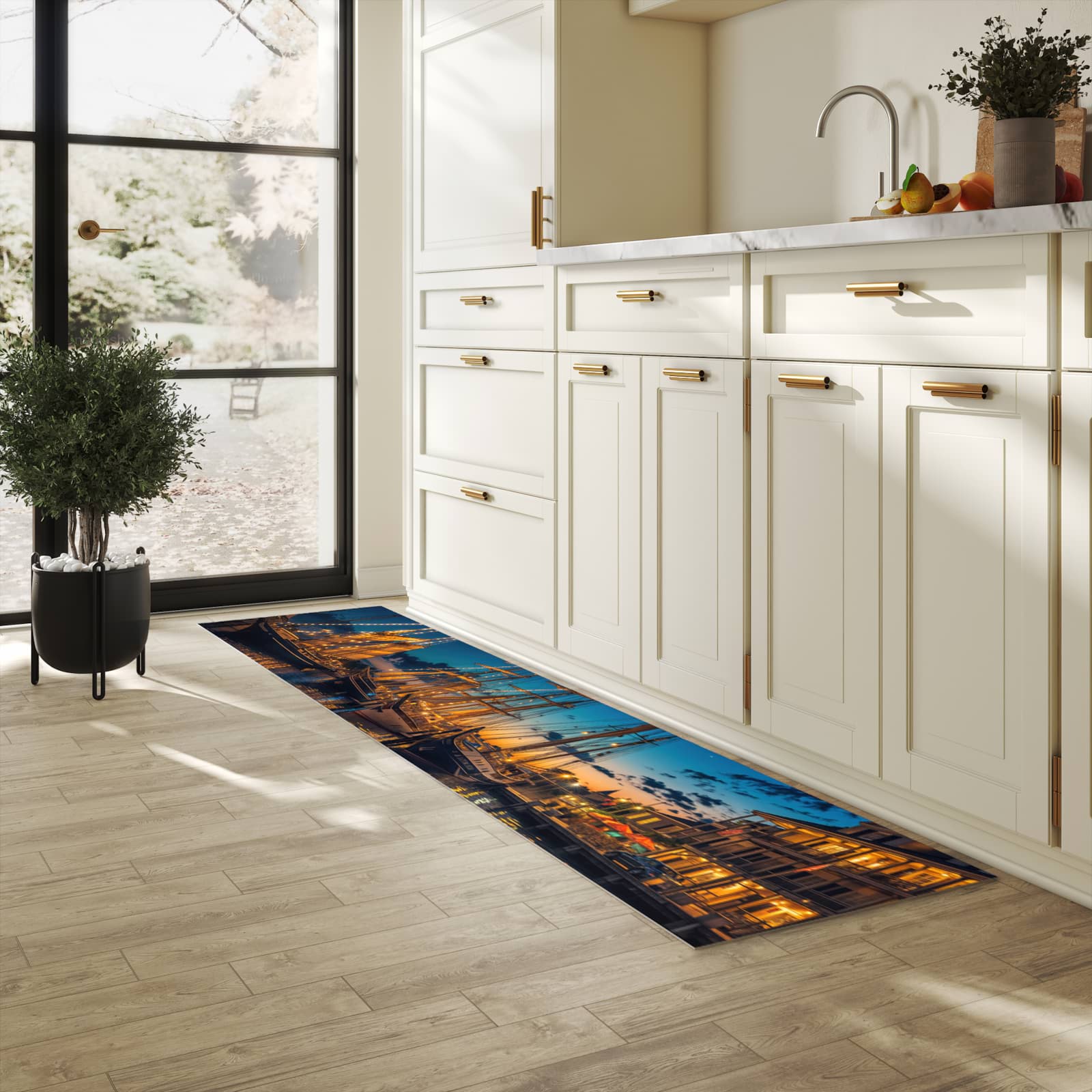 Strapazierfähiger Küchenteppich mit Motiv Nachthafen in heller Küche