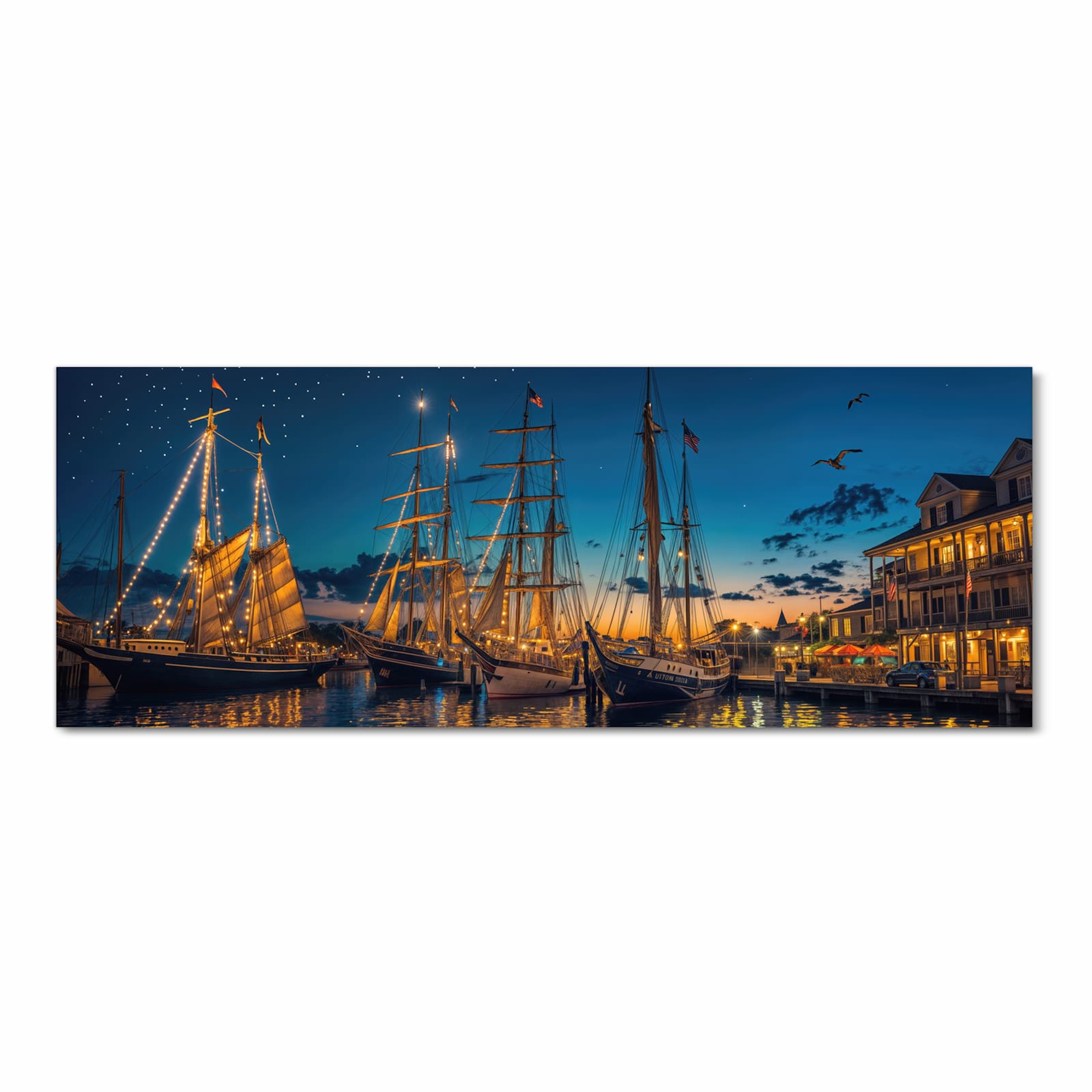 Waschbarer Küchenläufer mit Motiv Nachthafen in Frontansicht für einfache Reinigung