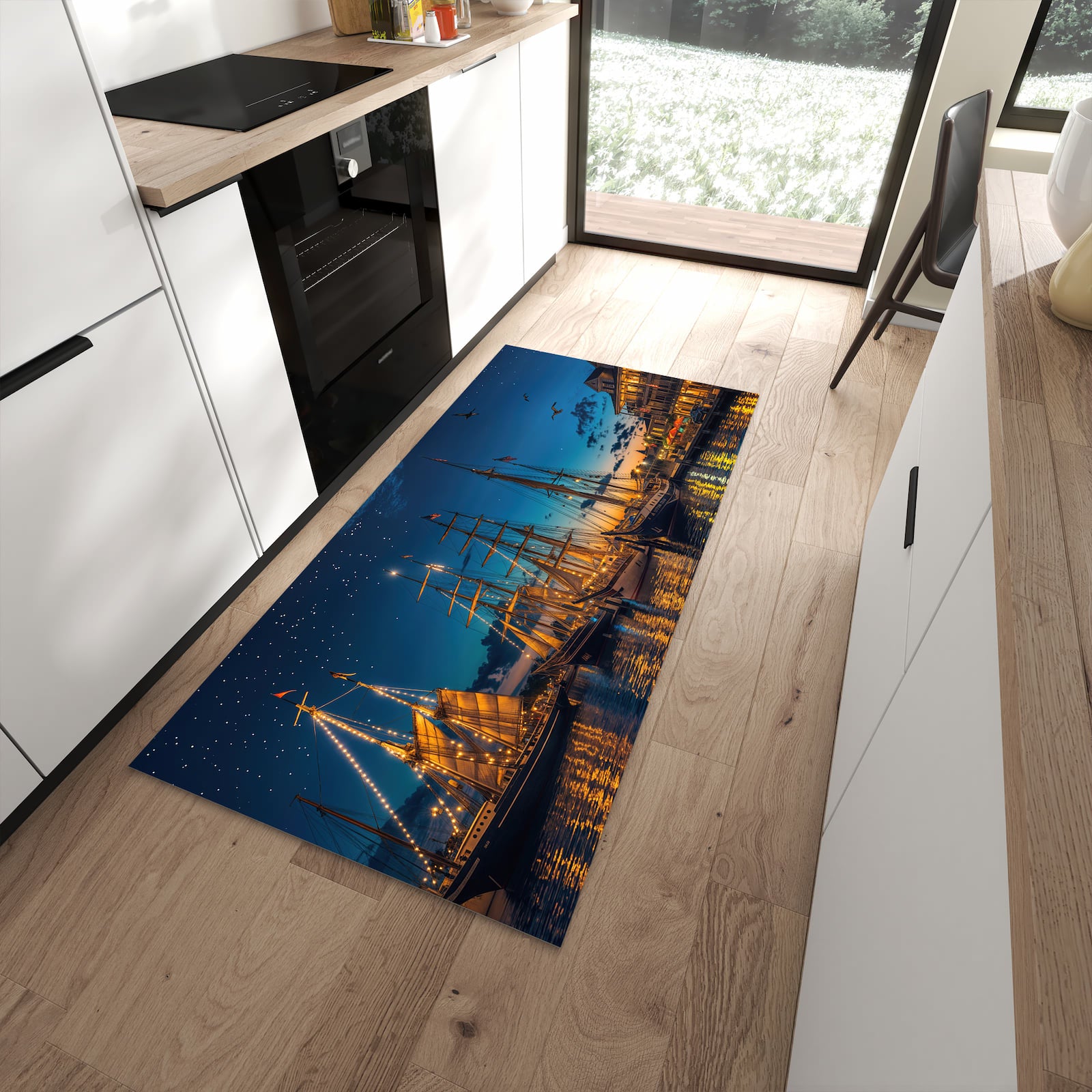 Feuchtigkeitsresistenter rutschfester Küchenläufer mit Motiv Nachthafen in moderner Küche