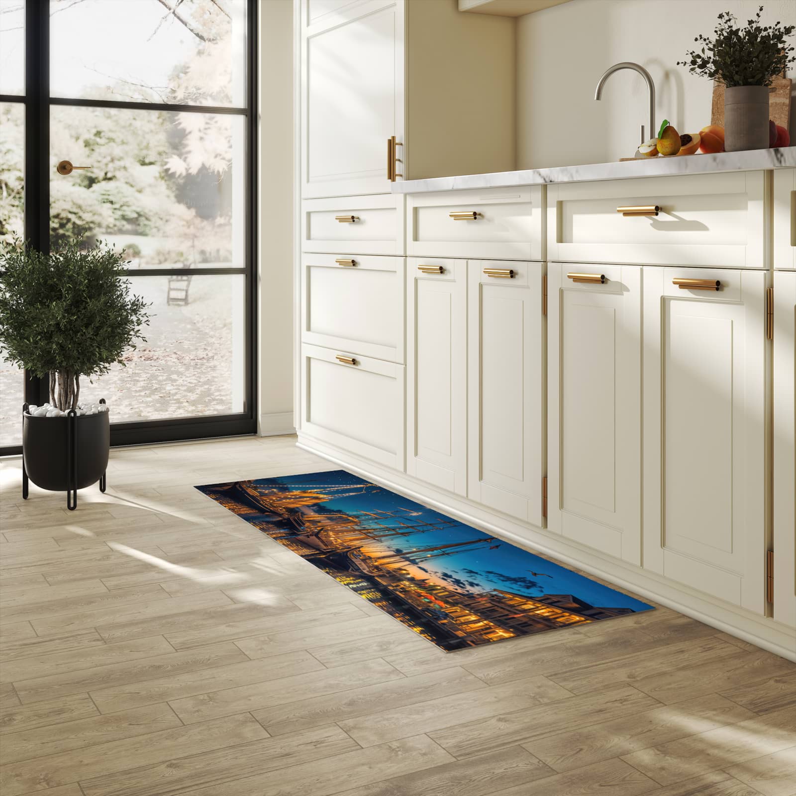 Abwaschbarer Küchenläufer mit Motiv Nachthafen in heller Küche für angenehme Haptik