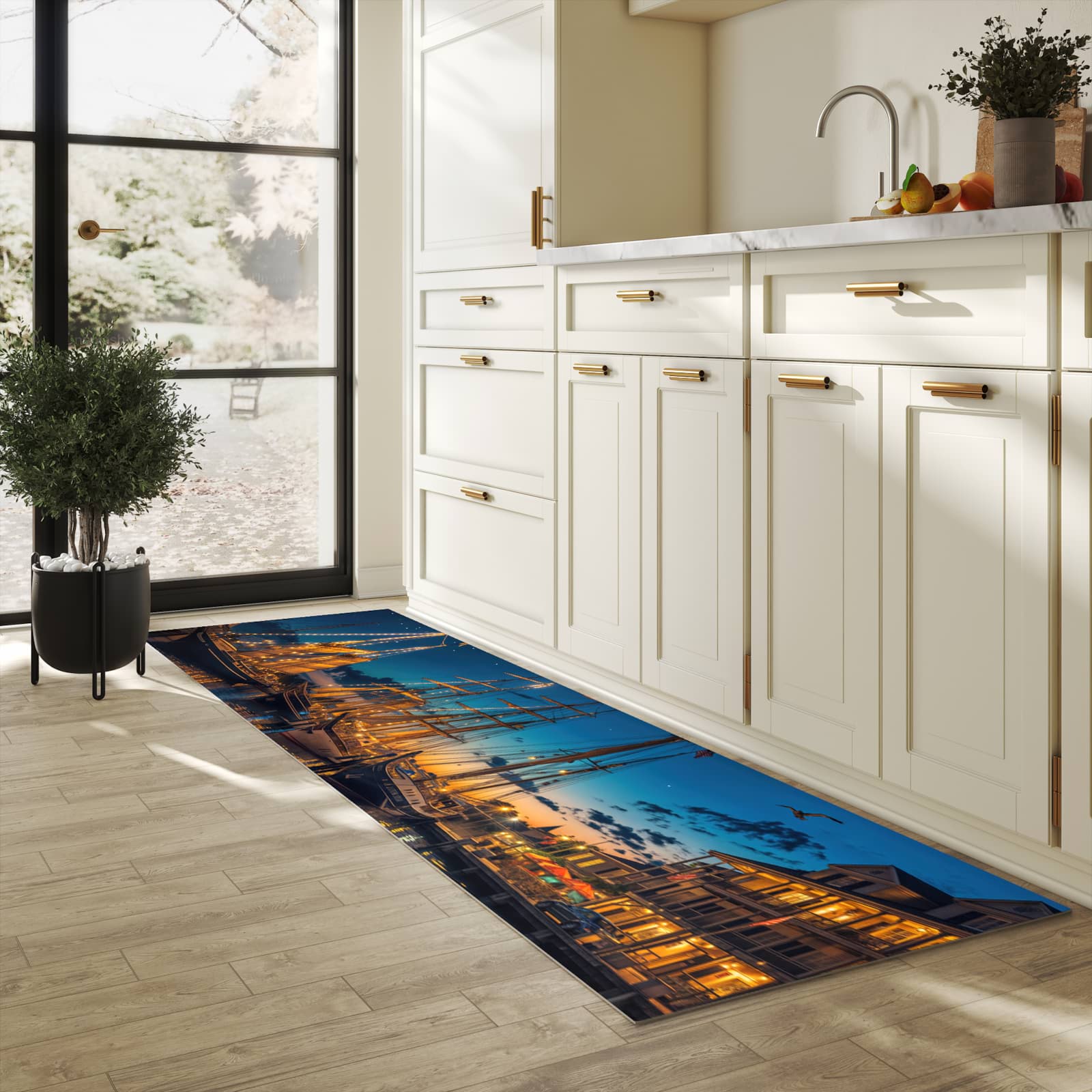Bodenschonender Küchenteppich mit Motiv Nachthafen in heller Küche