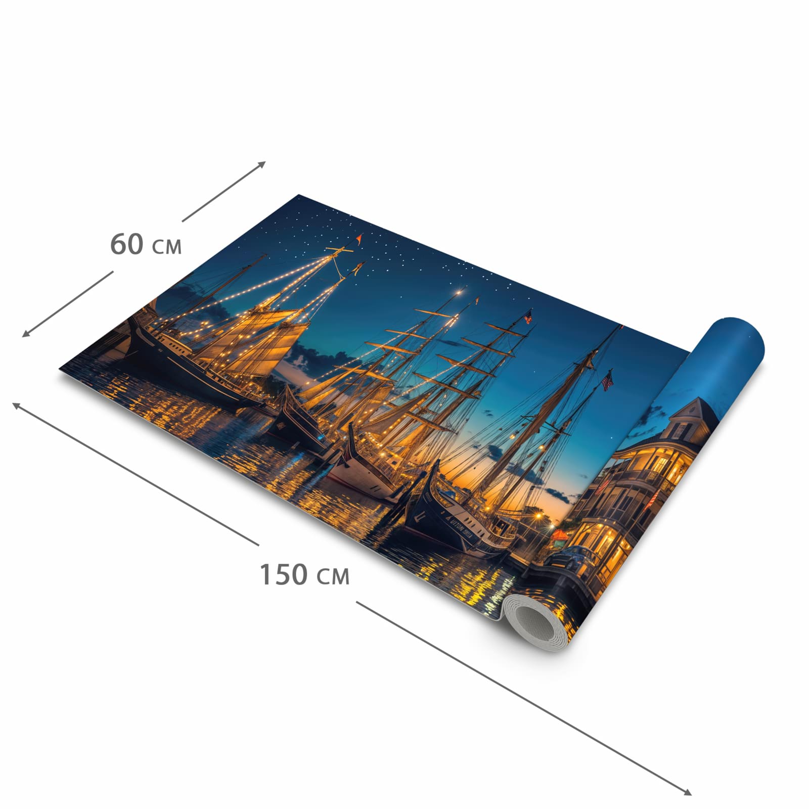 Flacher Küchenläufer nach Maß mit Motiv Nachthafen in der Größe 90x180 cm