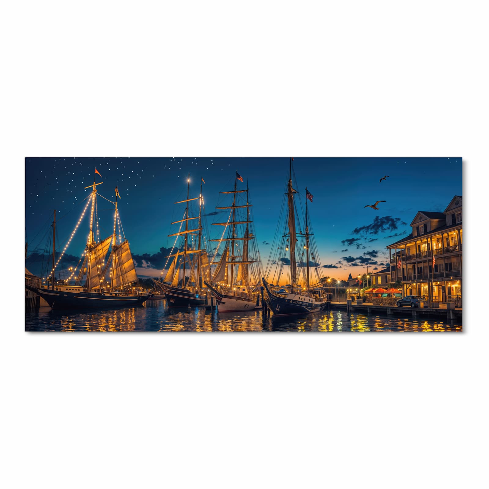 Wasserabweisender Läufer für die Küche mit Motiv Nachthafen in Frontansicht