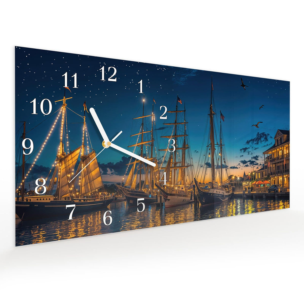 Vormontiert – mit Schwebeeffekt – Wanduhr Nachthafen aus Glas – Querformat 60 × 30 cm