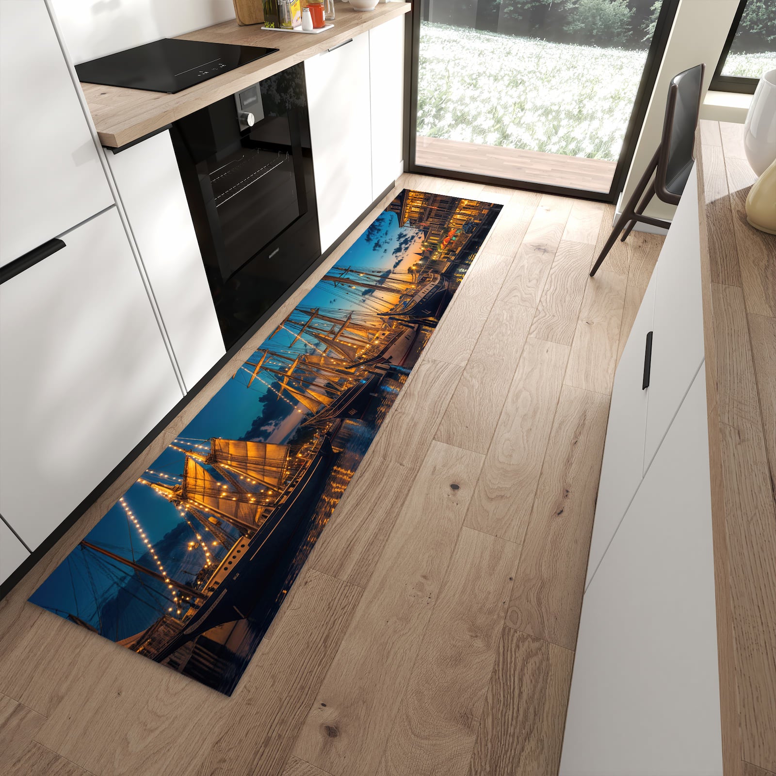 Pflegeleichter großer Küchenteppich mit Motiv Nachthafen in moderner Küche