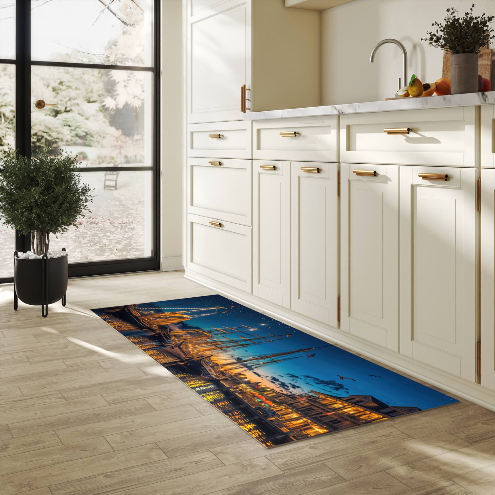 Rutschfester Küchenteppich mit Motiv Nachthafen in heller Küche