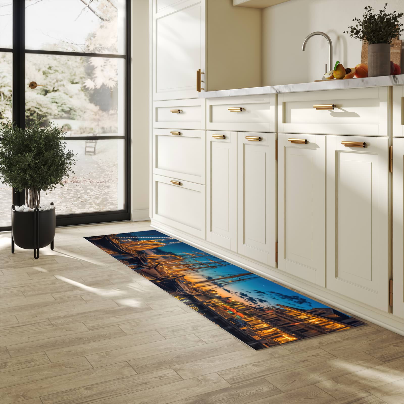 Hygienischer Küchenteppich mit Motiv Nachthafen in heller Küche - abwaschbar