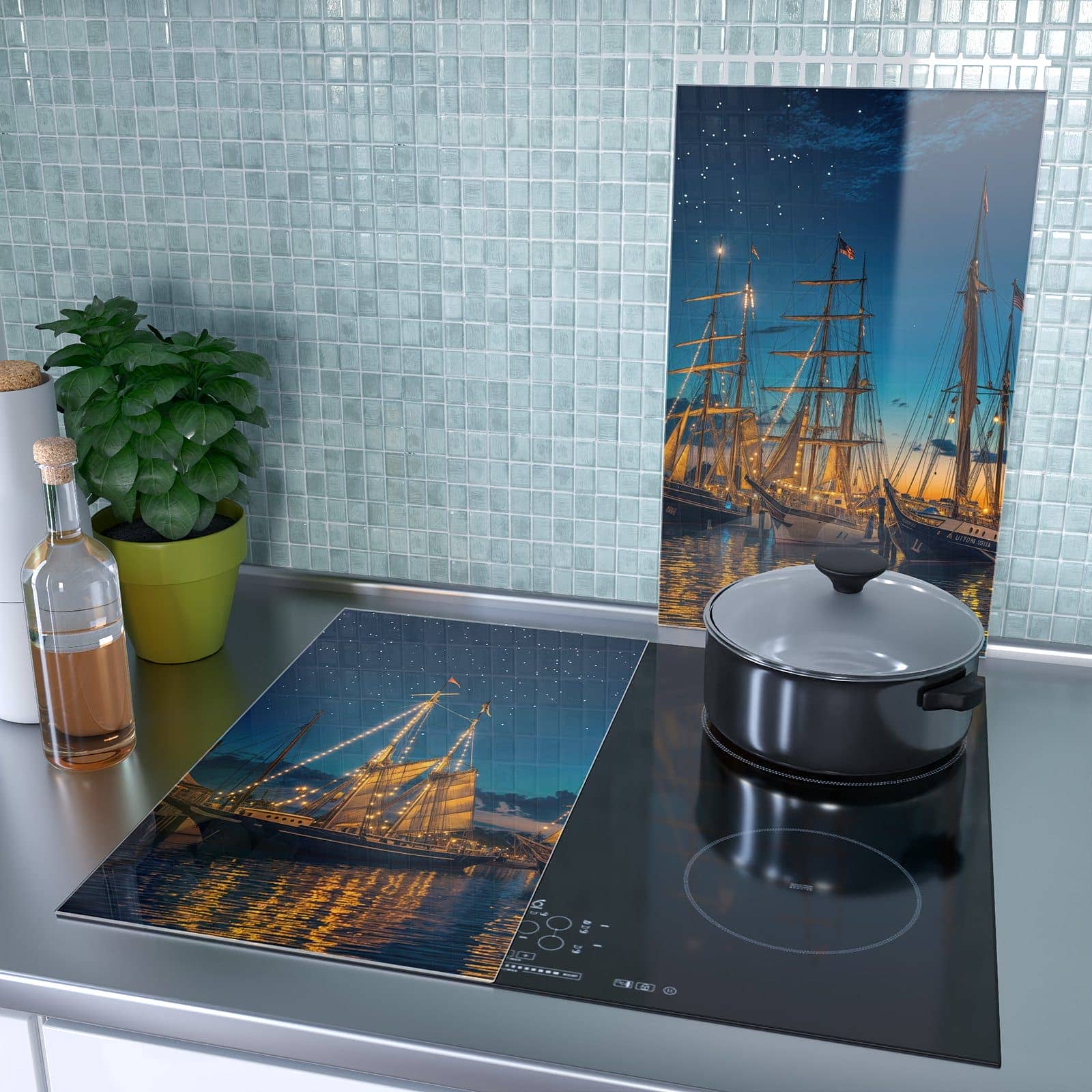 2-teilige Herdabdeckplatte aus Glas mit Nachthafen-Motiv als Spritzschutz hinter dem Kochfeld