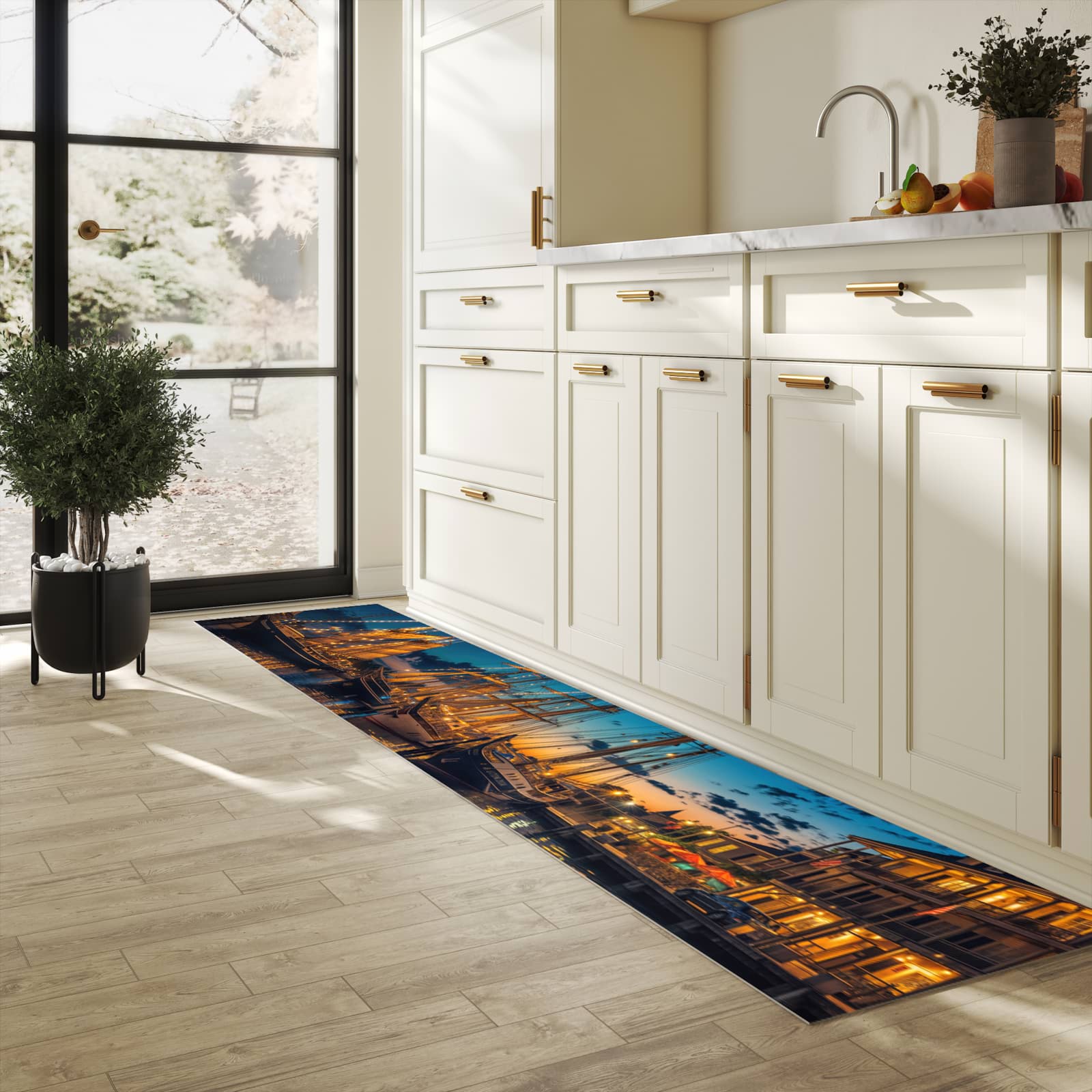 Waschbarer Küchenteppich mit Motiv Nachthafen in heller Küche