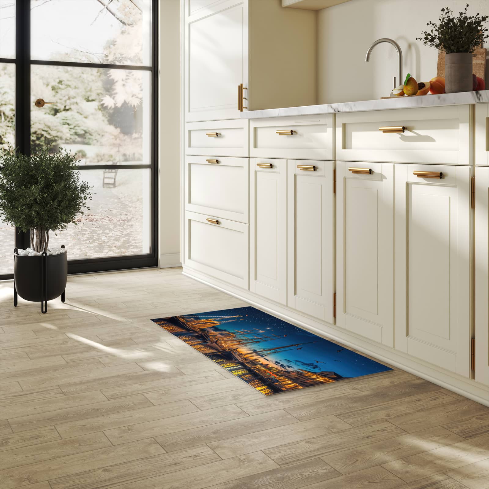 Rutschfester Küchenläufer mit Motiv Nachthafen in heller Küche zum Waschen