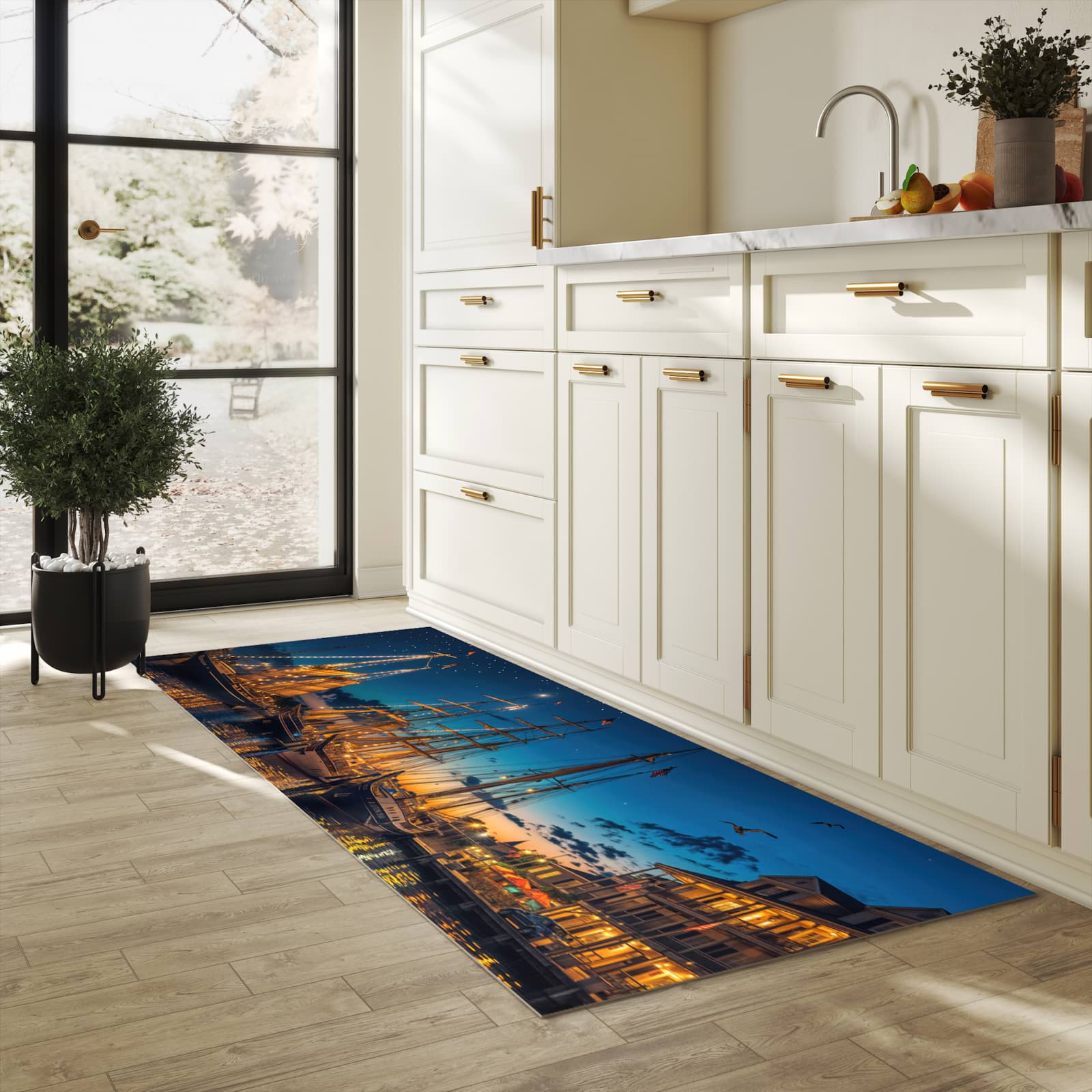 Farbbeständiger Läufer für die Küche mit Motiv Nachthafen in heller Küche