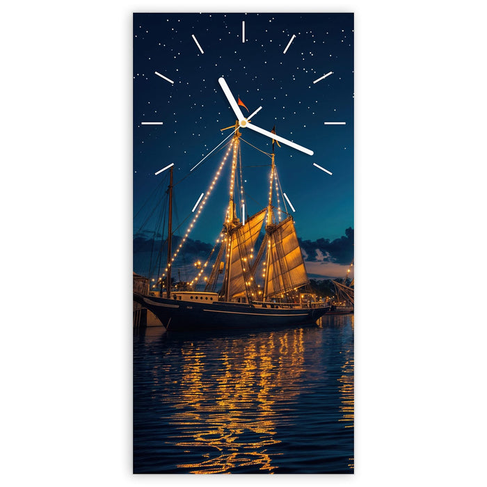 Wanduhr Nachthafen aus Glas – Hochformat 30 × 60 cm mit Ziffernblatt Linie
