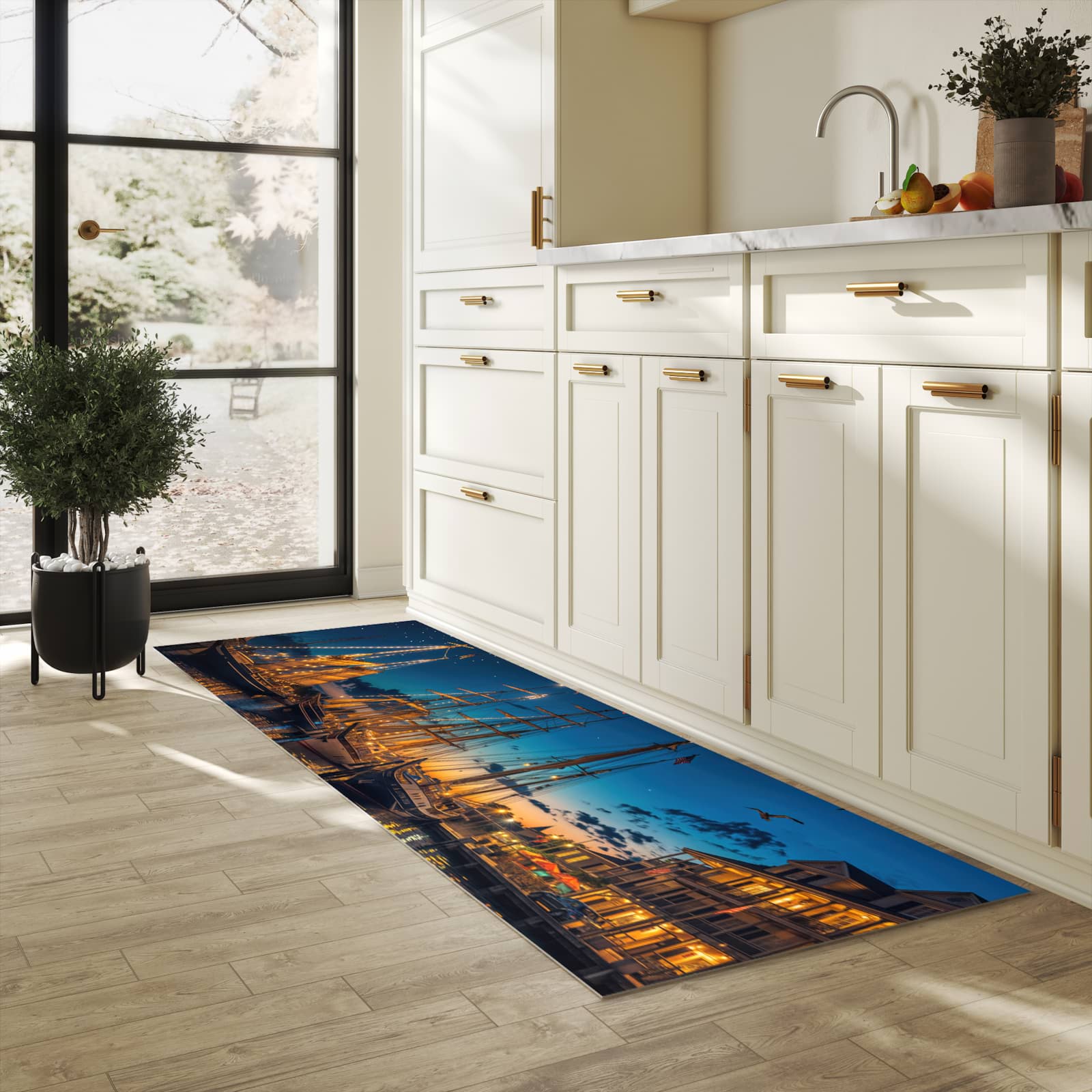 Feuchtigkeitsresistenter Teppich für die Küche mit Motiv Nachthafen in heller Küche