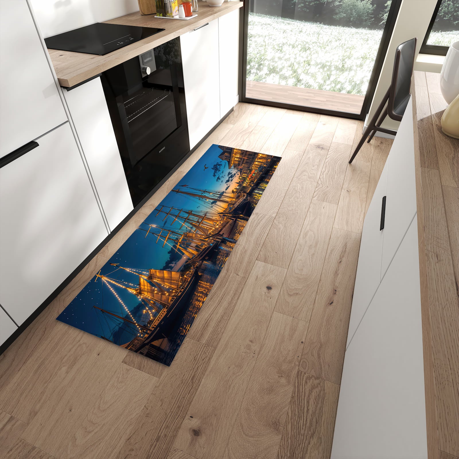 Komfortabler waschbarer Küchenteppich mit Motiv Nachthafen in moderner Küche