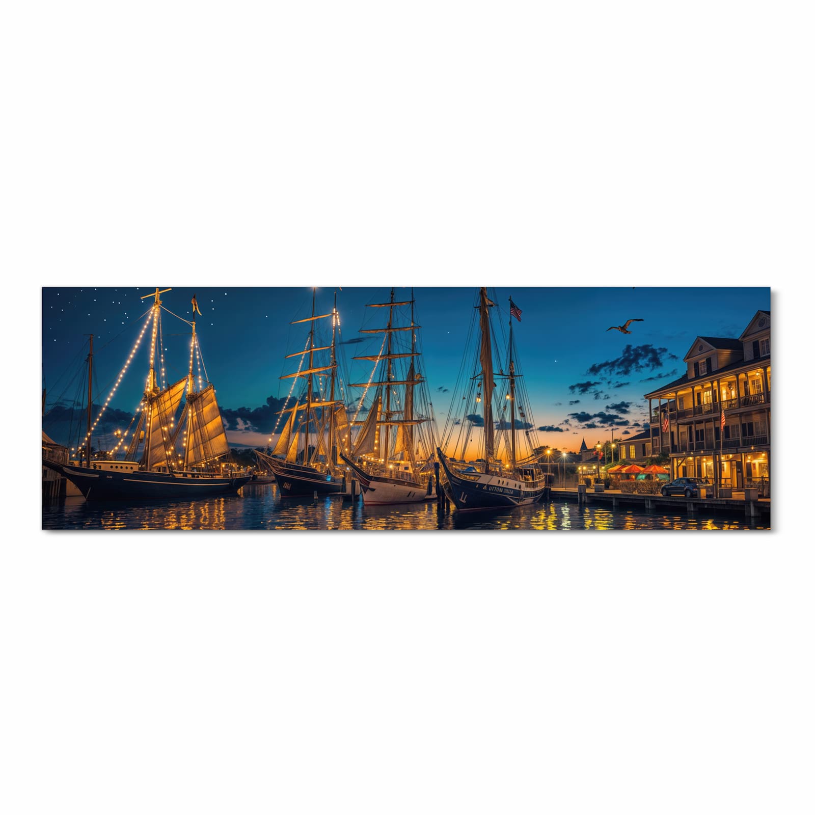 Fleckenresistenter Küchenläufer mit Motiv Nachthafen in Frontansicht