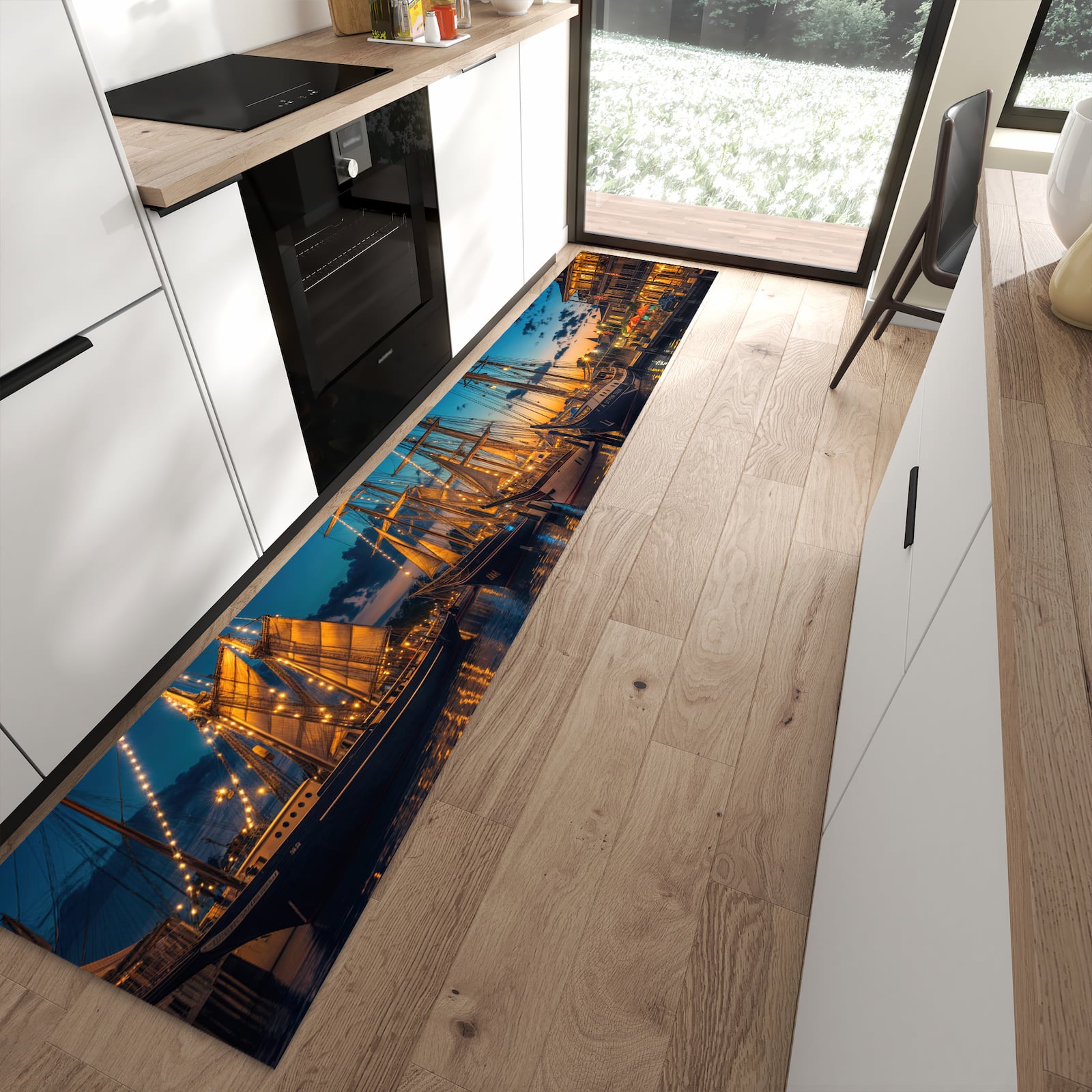 Rutschfester Küchenteppich mit Motiv Nachthafen für angenehmes Stehen in moderner Küche