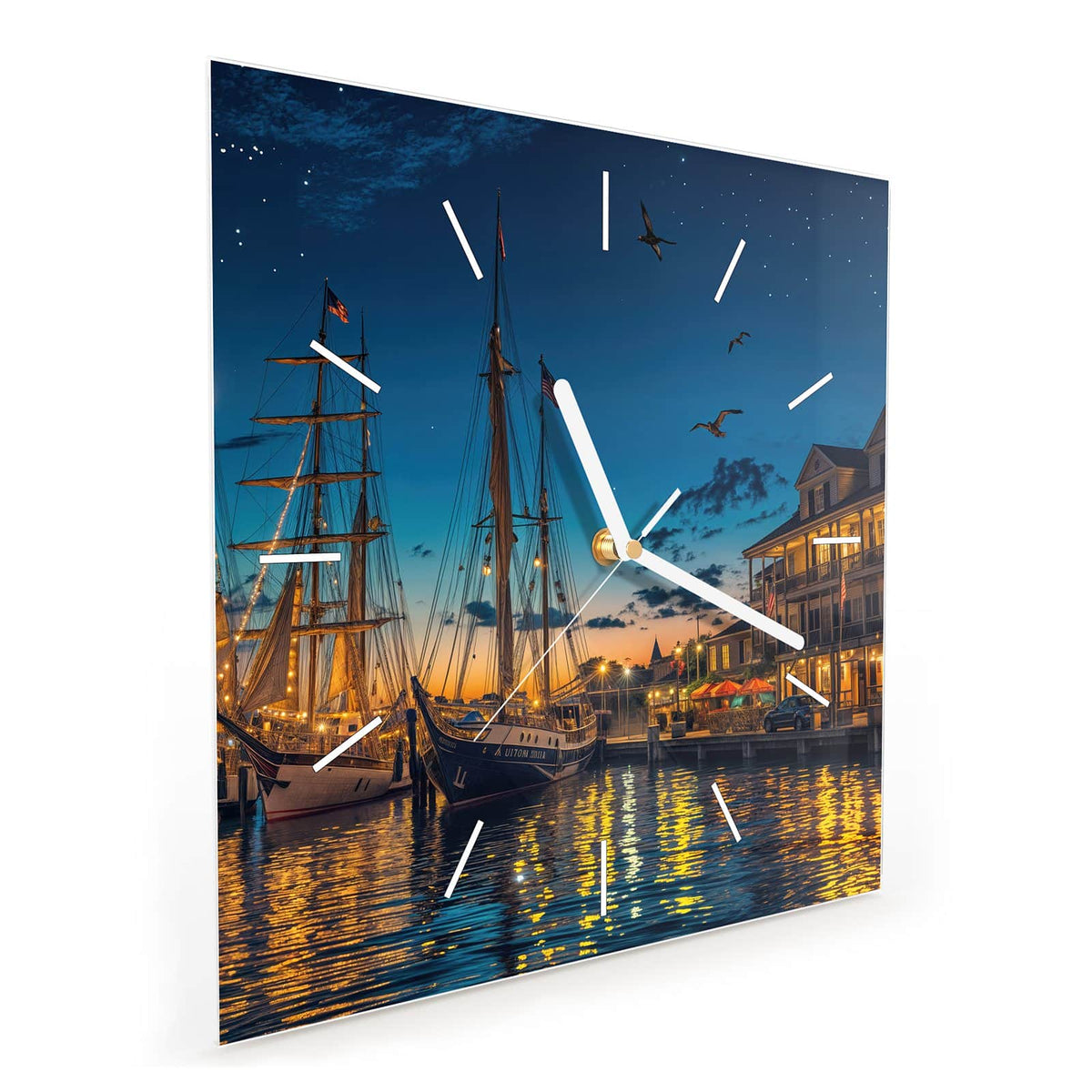 Quadratische Wanduhr aus Glas Segelschiffe bei Nacht schräg von der Seite, 4 mm starkes Glas