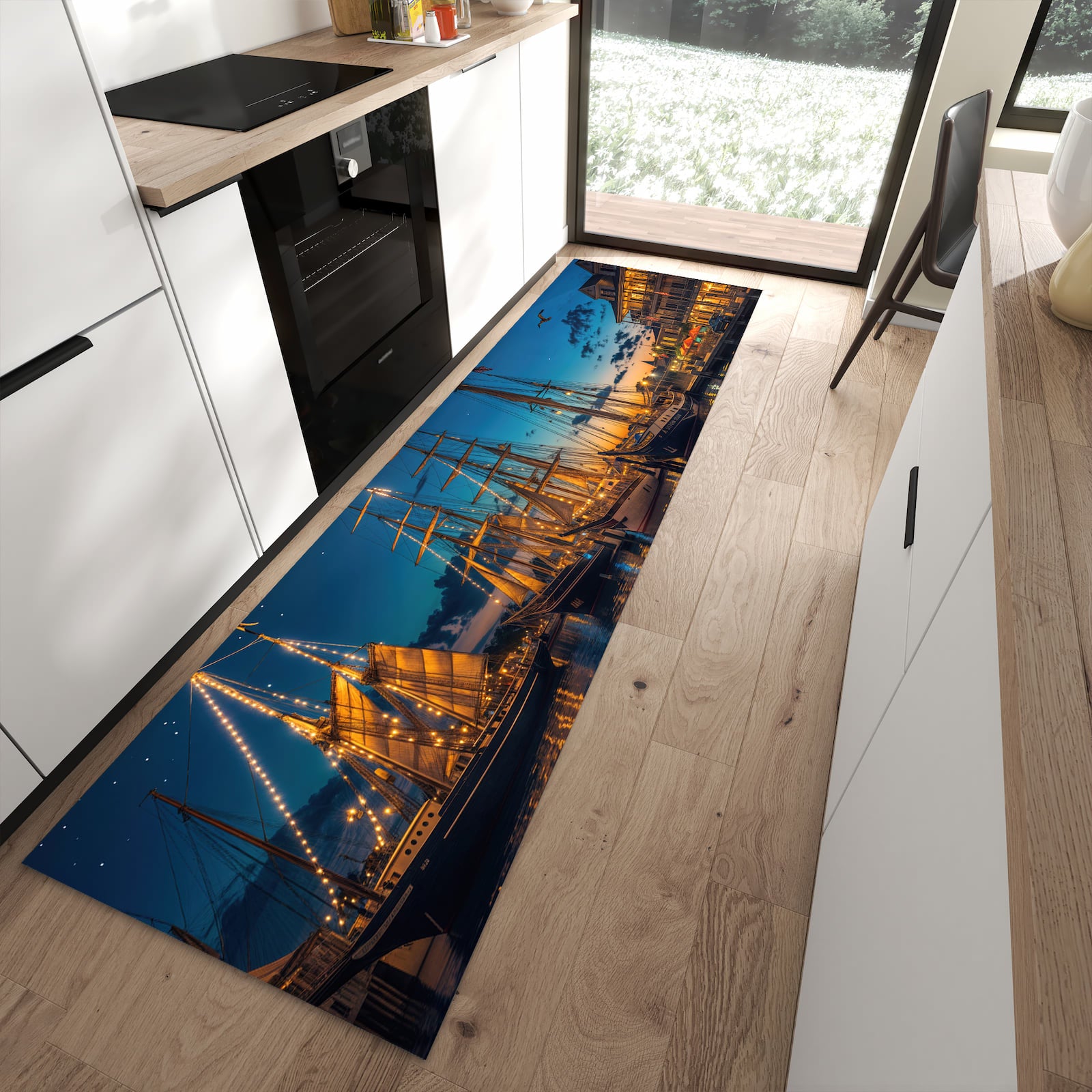 Langlebiger Küchenläufer mit Motiv Nachthafen in moderner Küche