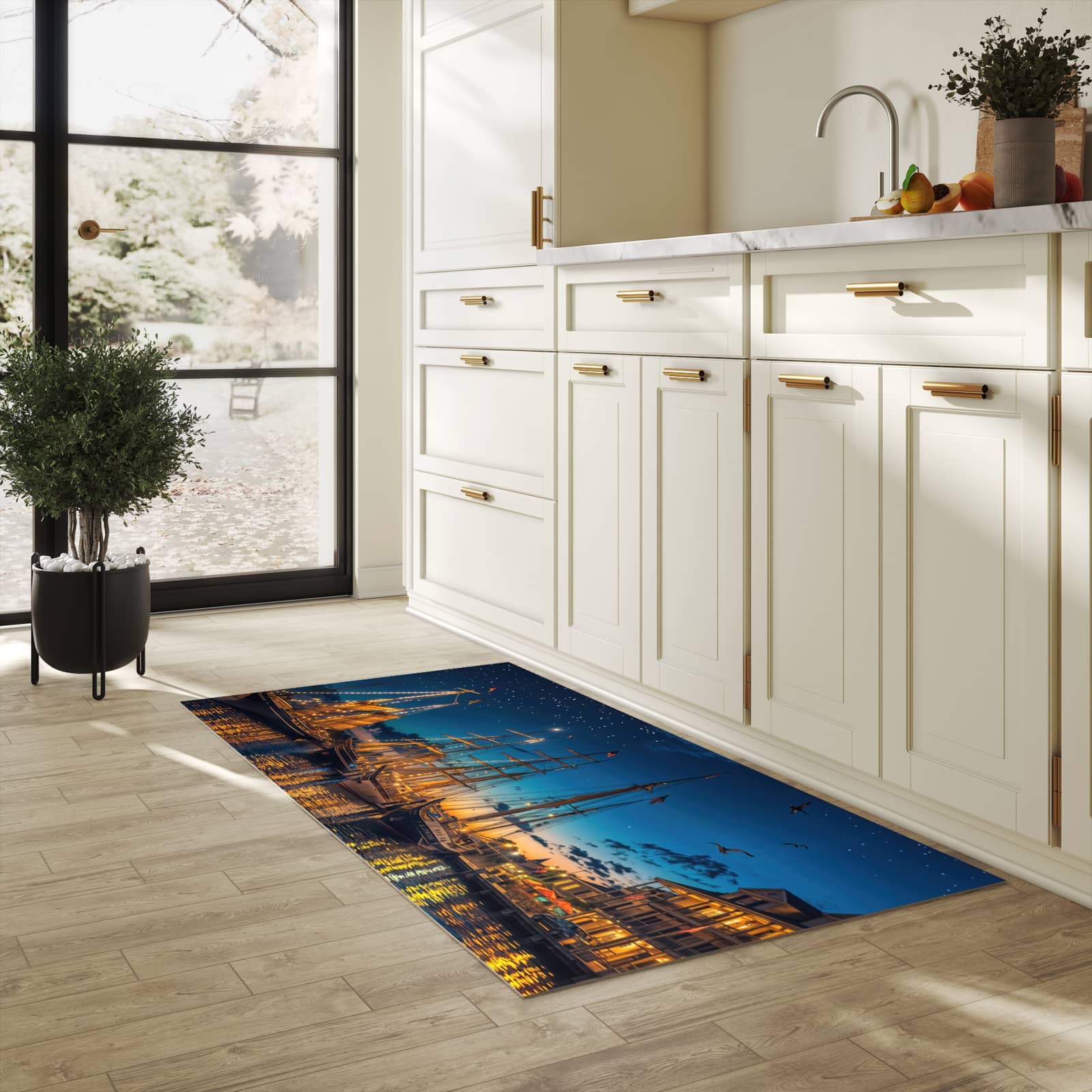 Bodenschonender Küchenteppich mit Motiv Nachthafen in heller Küche