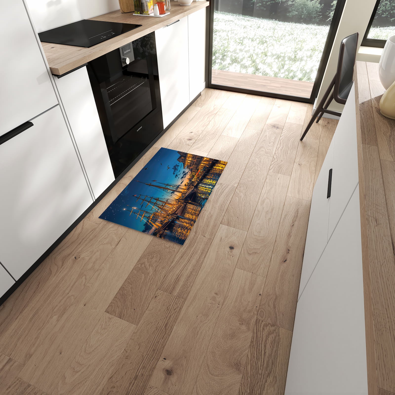 Hygienischer Küchenteppich mit Motiv Nachthafen in moderner Küche - waschbar