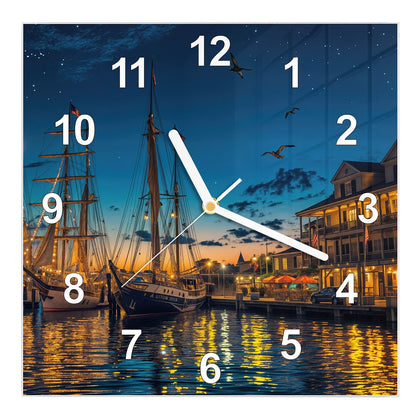 Wanduhr Quadratisch mit dem Motiv Segelschiffe bei Nacht