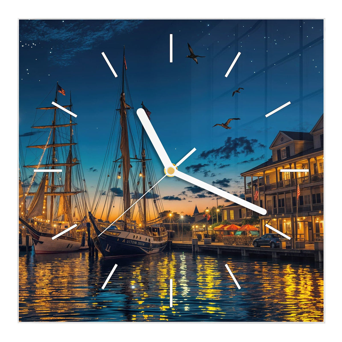 Wanduhr aus Glas, Ziffernblatt Linie mit Motiv Segelschiffe bei Nacht: Zwei Großsegler im Hafen bei Nacht, beleuchtete Häuser und Lichtspiegelungen im Wasser