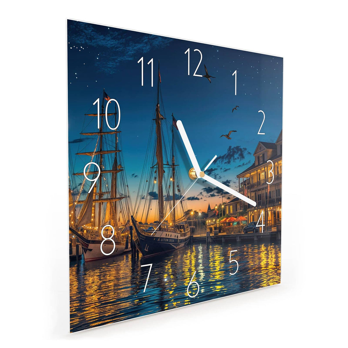 Quadratische Wanduhr aus Glas Segelschiffe bei Nacht schräg von der Seite, 4 mm starkes Glas