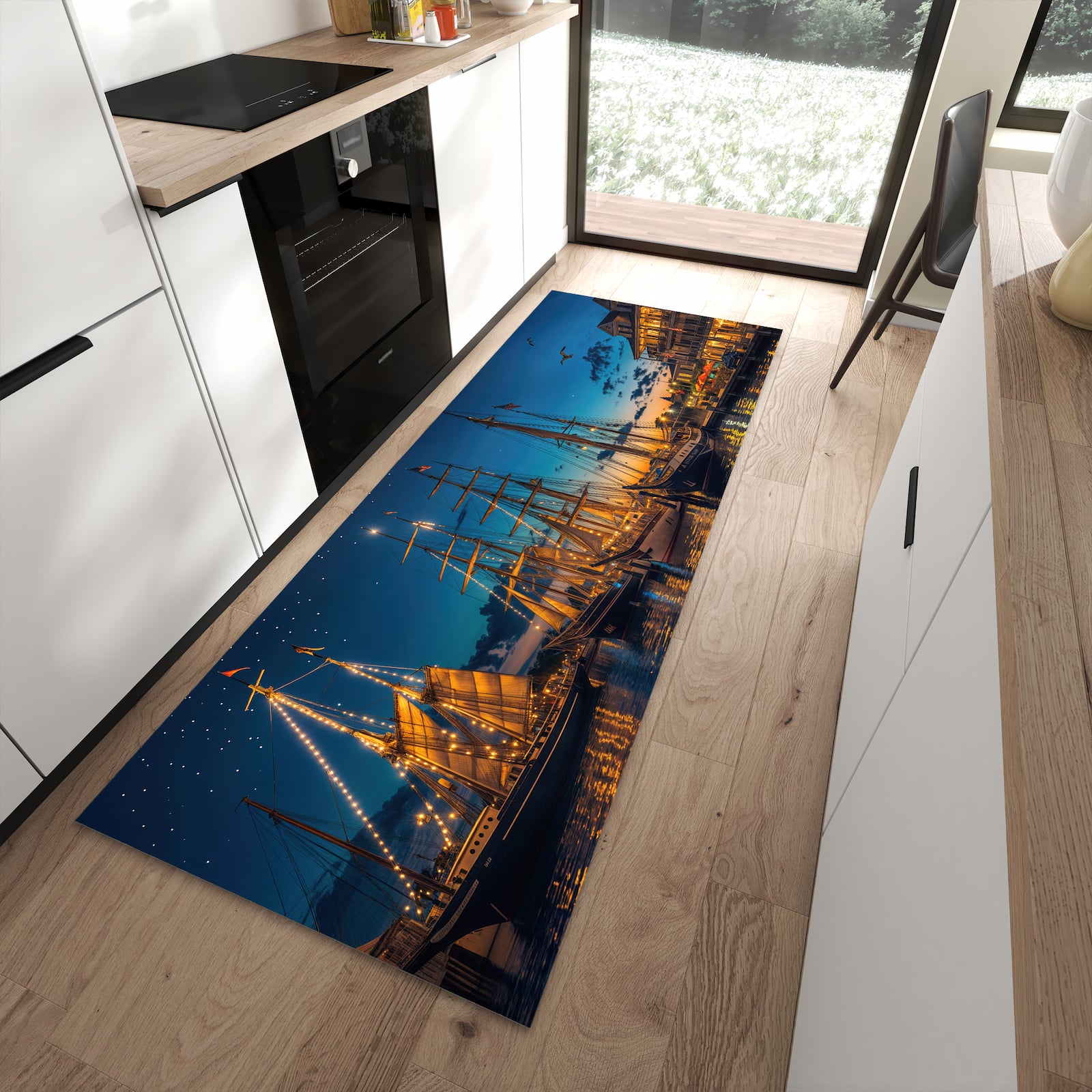 Bodenschonender rutschfester Küchenläufer mit Motiv Nachthafen in moderner Küche