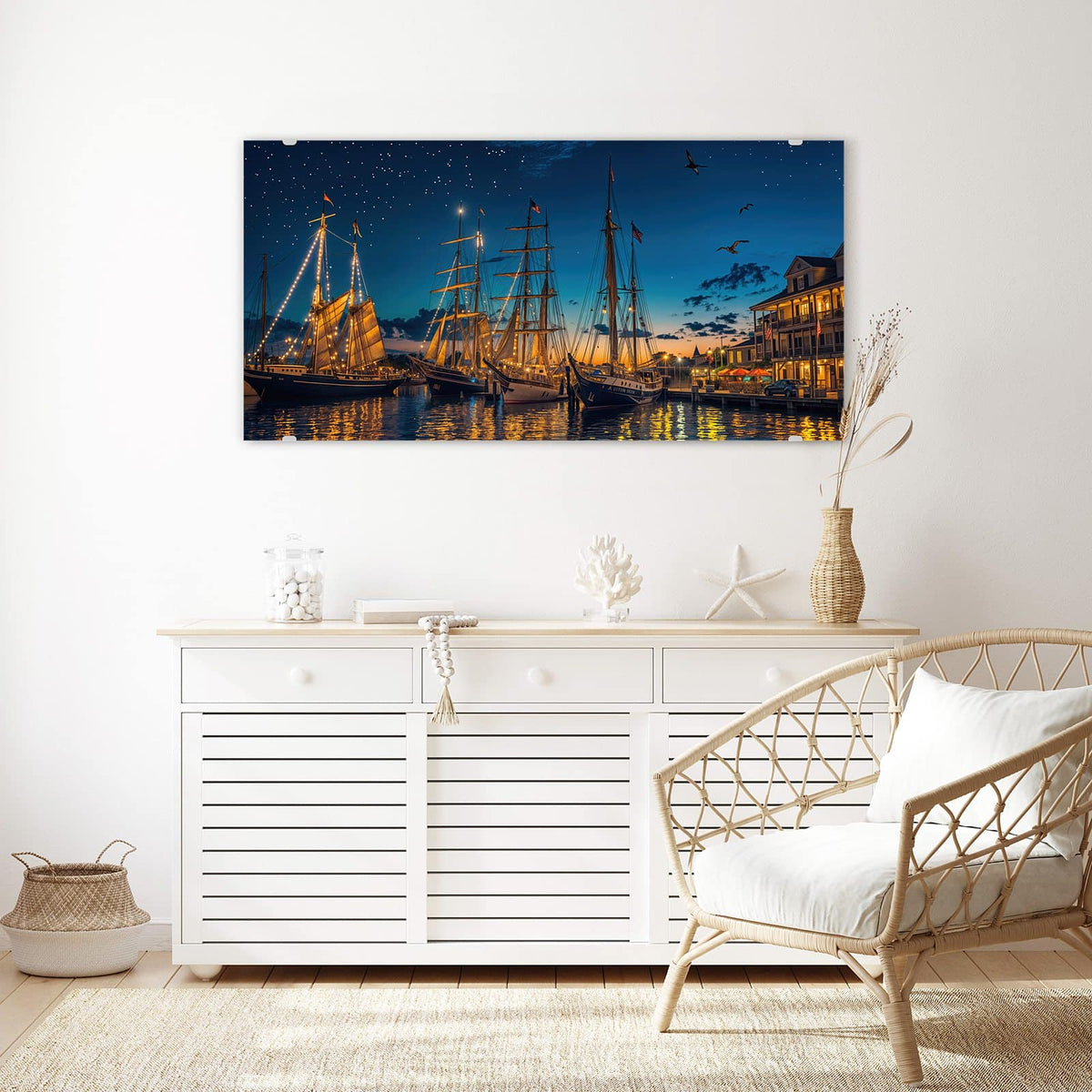 Echtglas, 4 mm – kein Acryl, keine Folie – Wandbild - Segelschiffe bei Nacht - Querformat