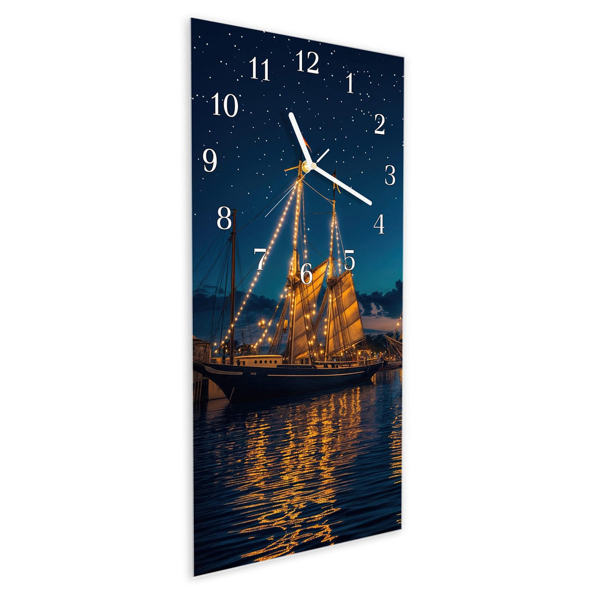 Vormontiert – mit Schwebeeffekt – Wanduhr Nachthafen aus Glas – Hochformat 30 × 60 cm