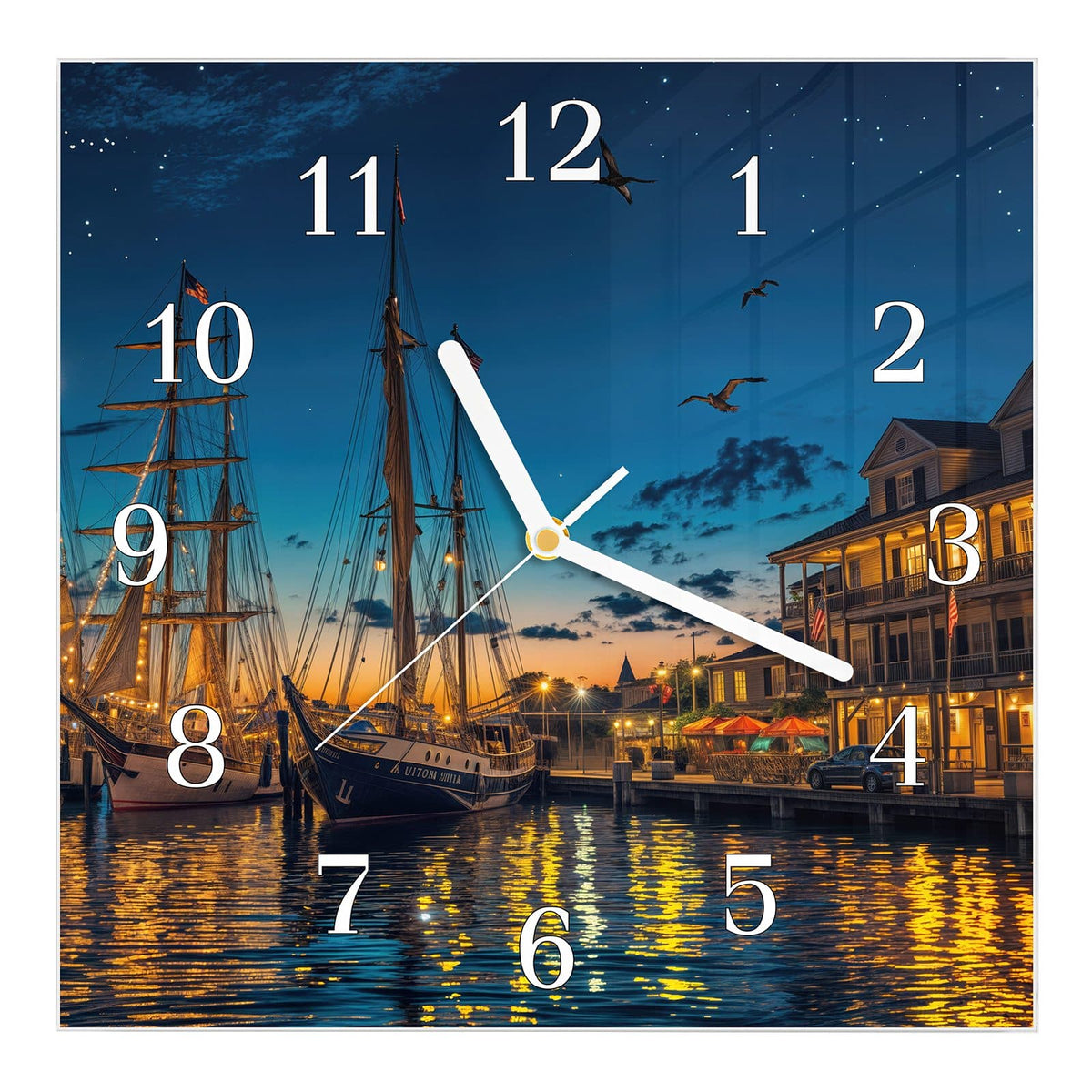 Wanduhr aus Glas, Ziffernblatt Klassisch mit Motiv Segelschiffe bei Nacht: Zwei Großsegler im Hafen bei Nacht