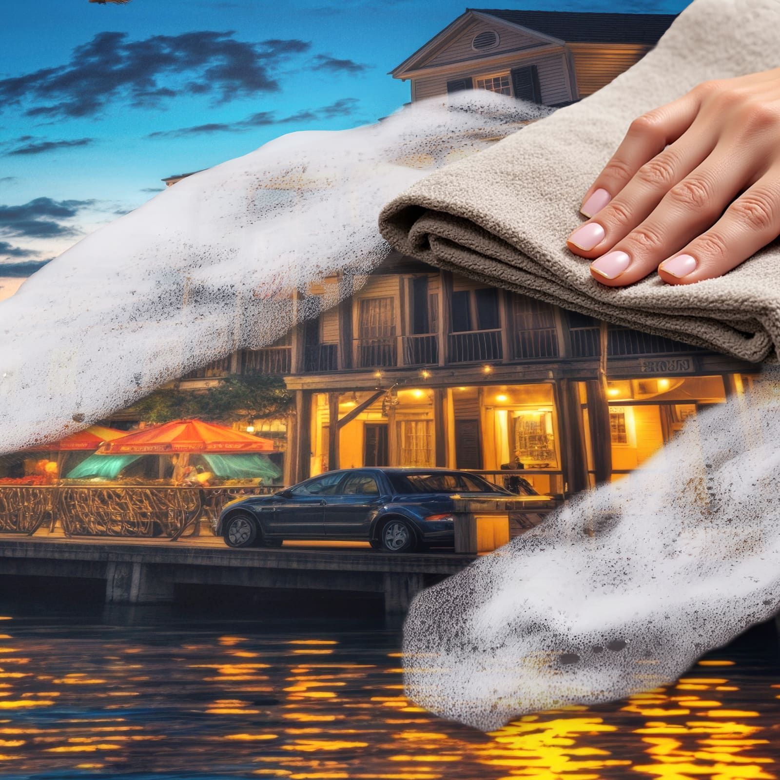 Farbbeständiger moderner Küchenläufer mit Motiv Nachthafen - einfach zu reinigen