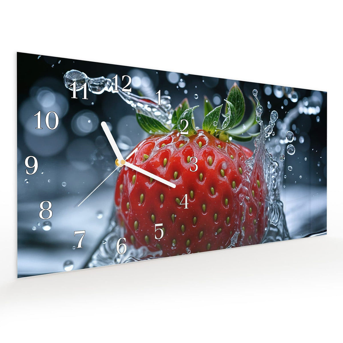 Vormontiert – mit Schwebeeffekt – Wanduhr Erdbeere Wassertaucher aus Glas – Querformat 60 × 30 cm