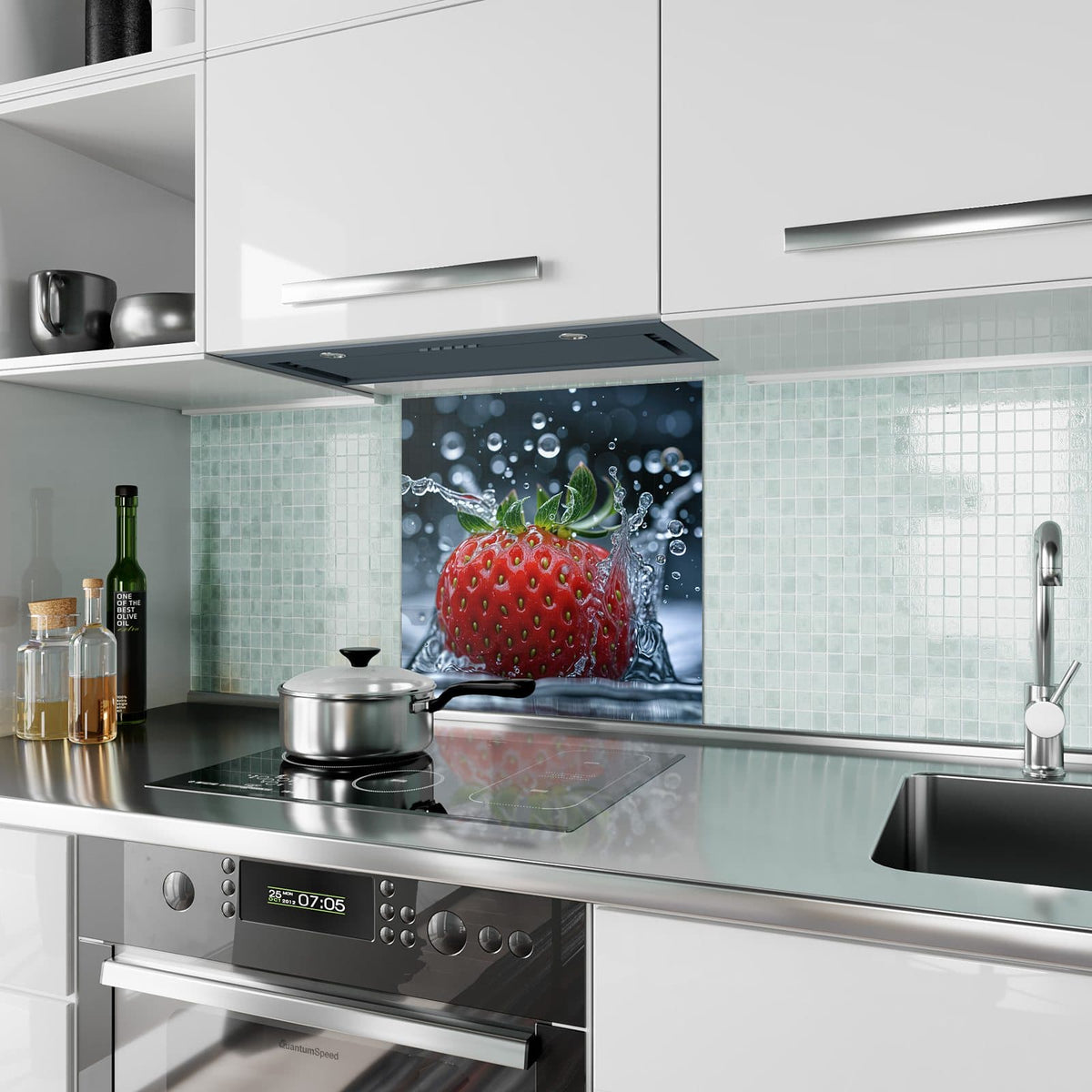 Küchenrückwand aus Glas Erdbeere im Spritzwasser im quadratischen Format als Spritzschutz hinter dem Kochfeld, über dem Fliesenspiegel montiert