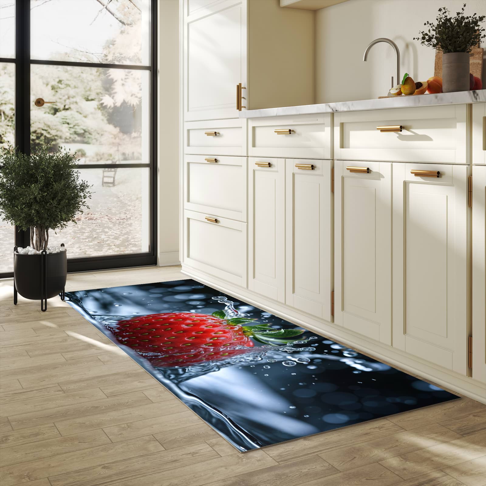 Komfortabler Küchenläufer nach Maß mit Motiv Splash von Erdbeere in heller Küche