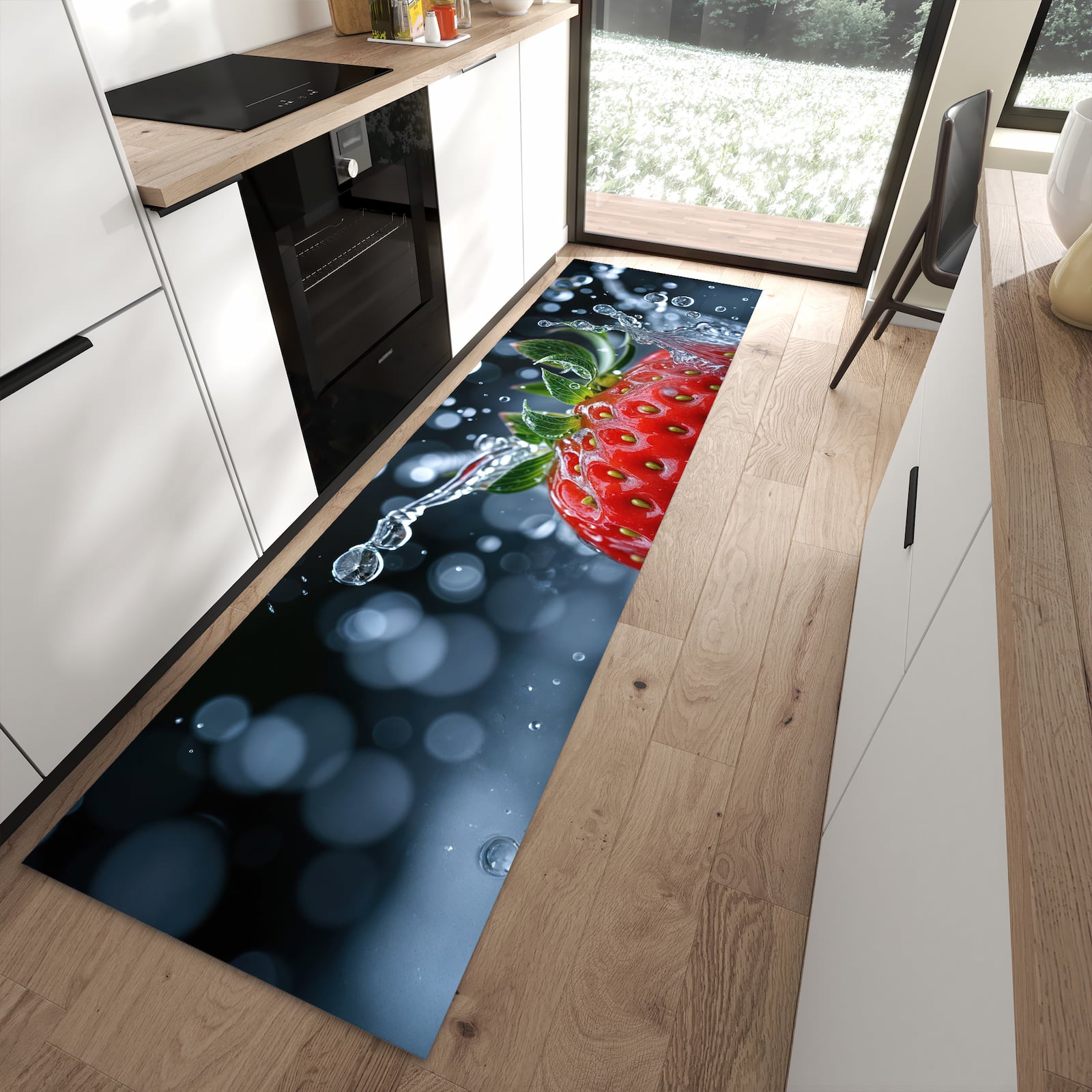 Fleckenresistenter Bodenläufer mit Motiv Splash von Erdbeere in moderner Küche