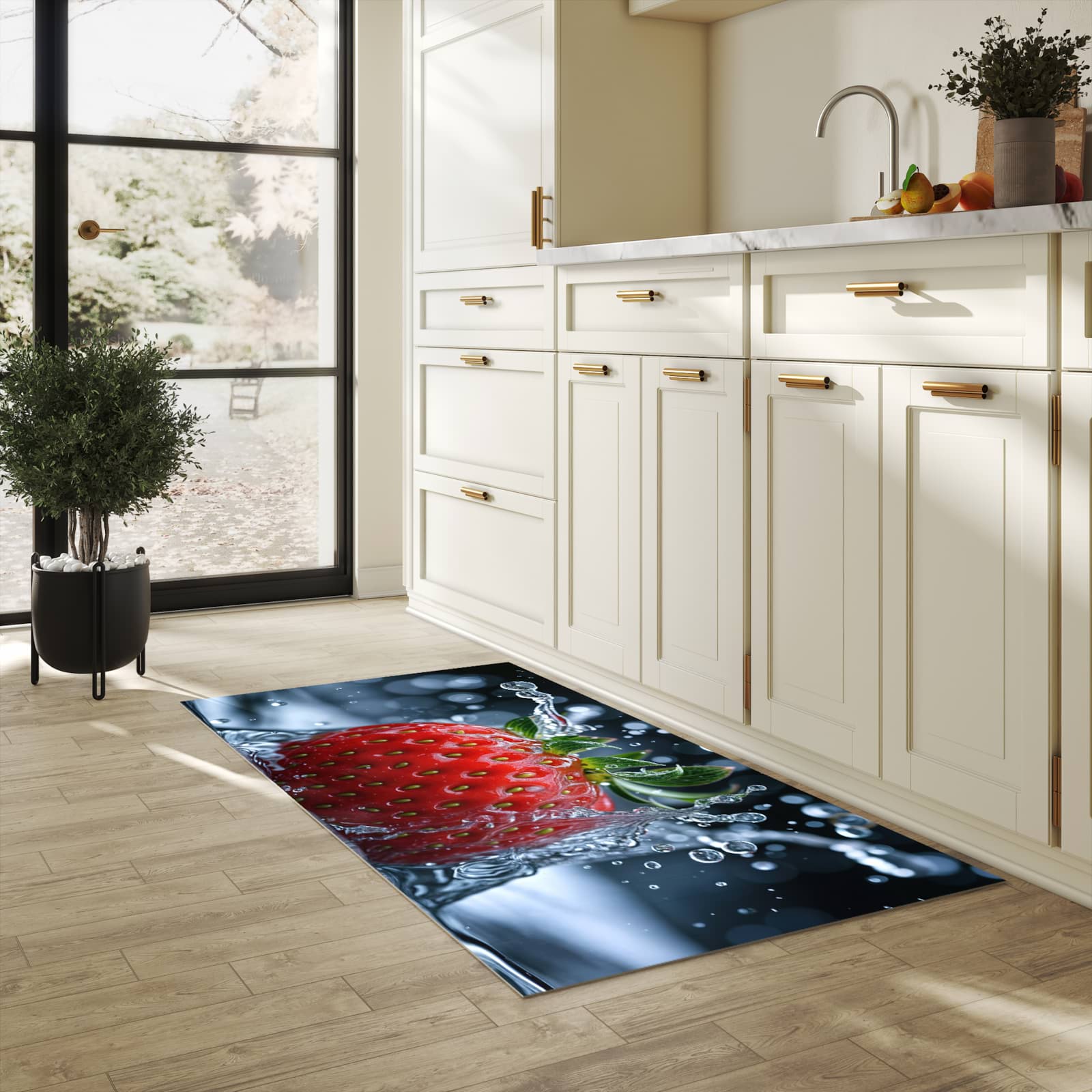 Pflegeleichter moderner Küchenläufer mit Motiv Splash von Erdbeere in heller Küche