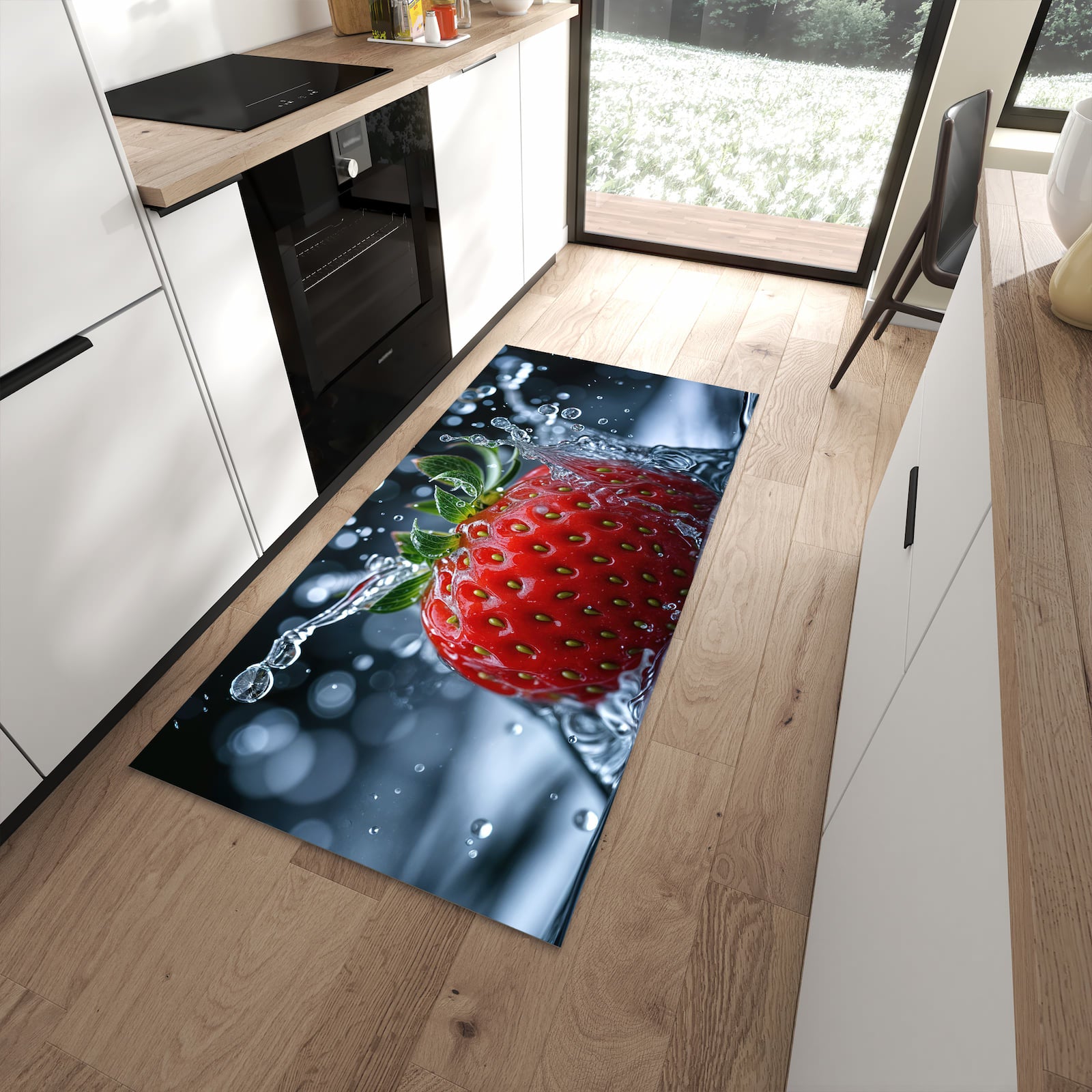 Geruchsneutraler waschbarer Küchenteppich mit Motiv Splash von Erdbeere in moderner Küche