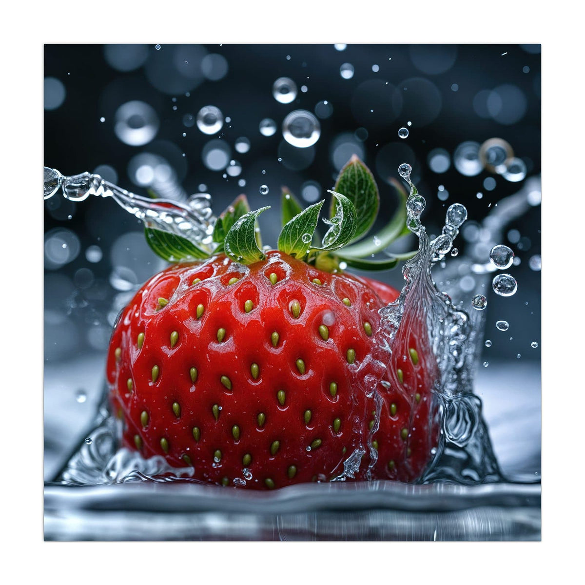 Einzelne Erdbeere taucht ins Wasser ein, Spritzkrone und Tropfen vor dunklem Grund