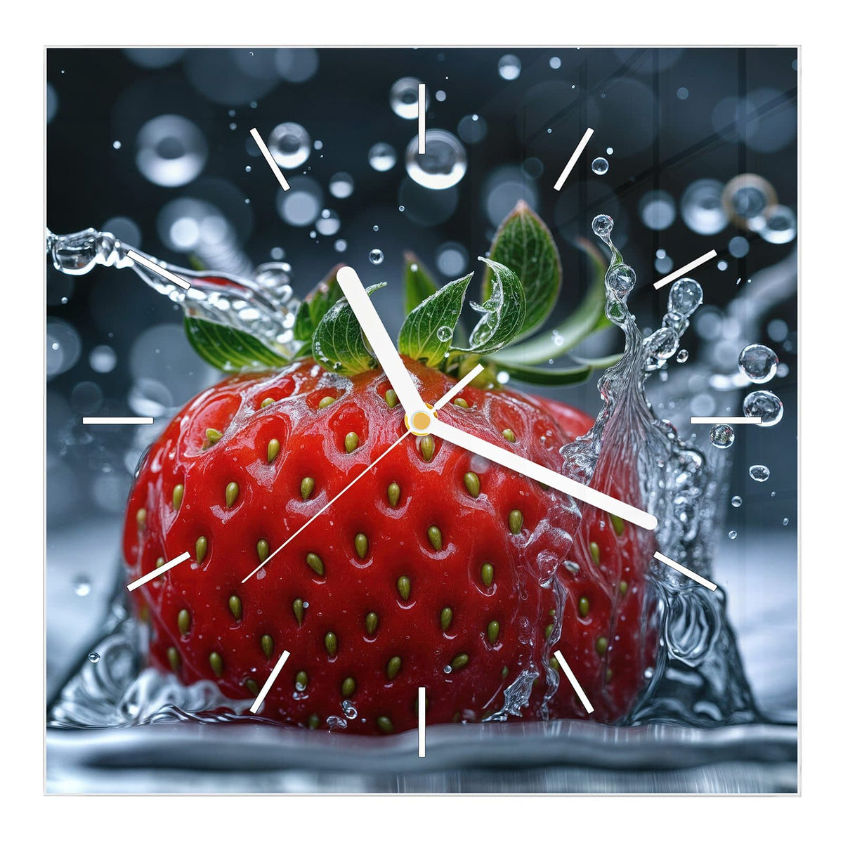 Wanduhr aus Glas, Ziffernblatt Linie: Einzelne Erdbeere taucht ins Wasser ein, Spritzkrone und Tropfen vor dunklem Grund