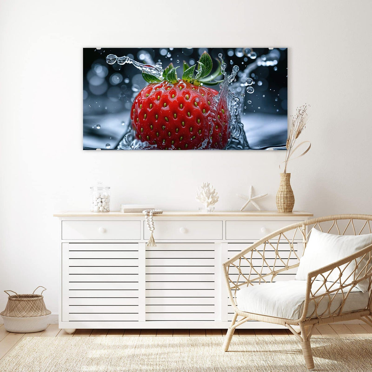 Echtglas, 4 mm – kein Acryl, keine Folie – Wandbild - Erdbeere im Spritzwasser - Querformat