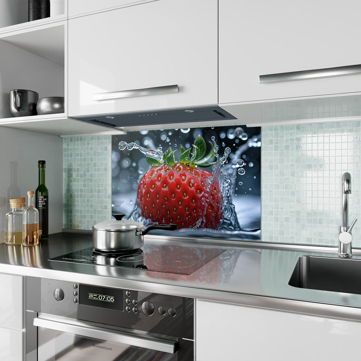 Küchenrückwand aus Glas Erdbeere im Spritzwasser im Hochformat als Spritzschutz hinter dem Kochfeld, über dem Fliesenspiegel montiert