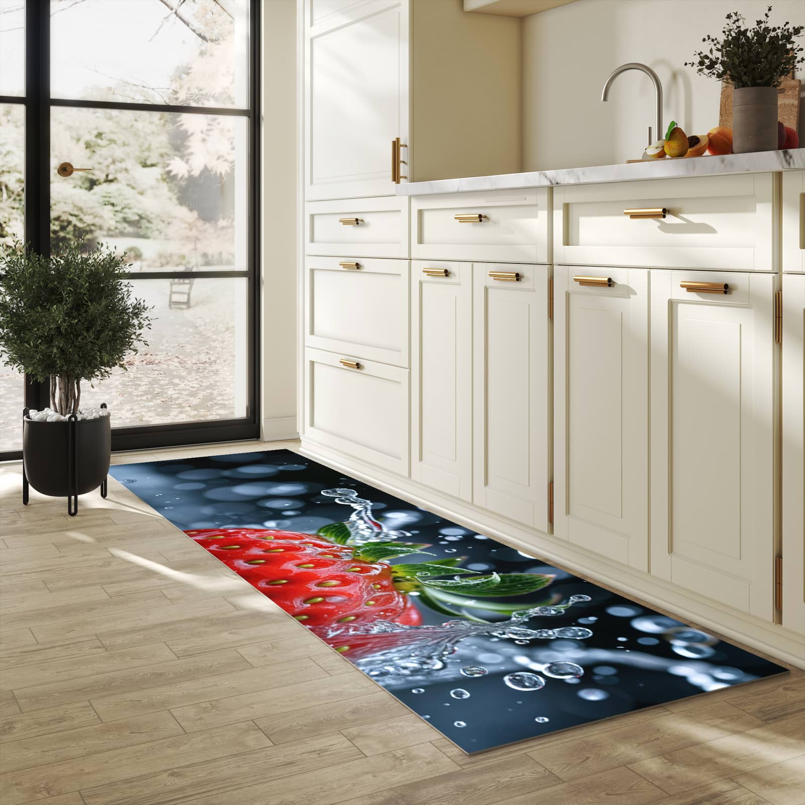 Langlebiger waschbarer Küchenläufer mit Motiv Splash von Erdbeere in heller Küche