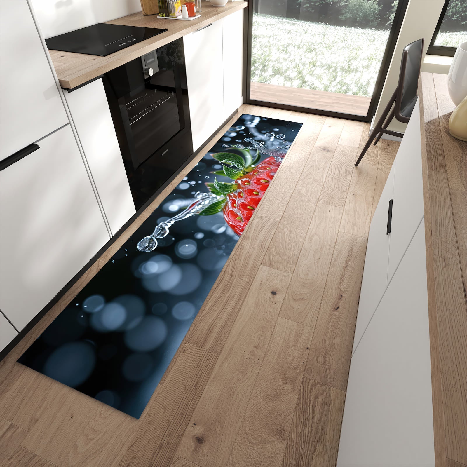 Geräuschdämpfender dünner Küchenteppich mit Motiv Splash von Erdbeere in moderner Küche