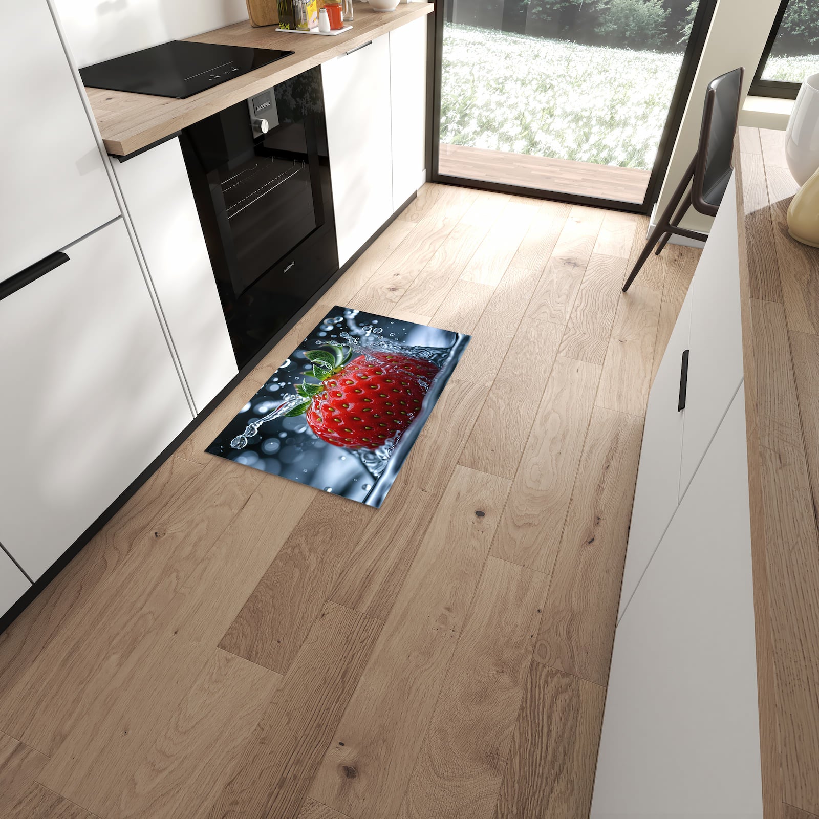 UV-beständiger waschbarer Teppich für Esstisch mit Motiv Splash von Erdbeere in moderner Küche