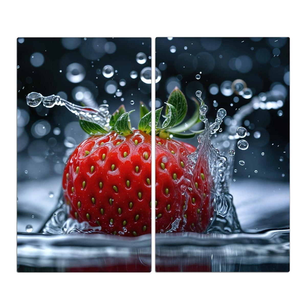 Einzelne Erdbeere taucht ins Wasser ein, Spritzkrone und Tropfen vor dunklem Grund