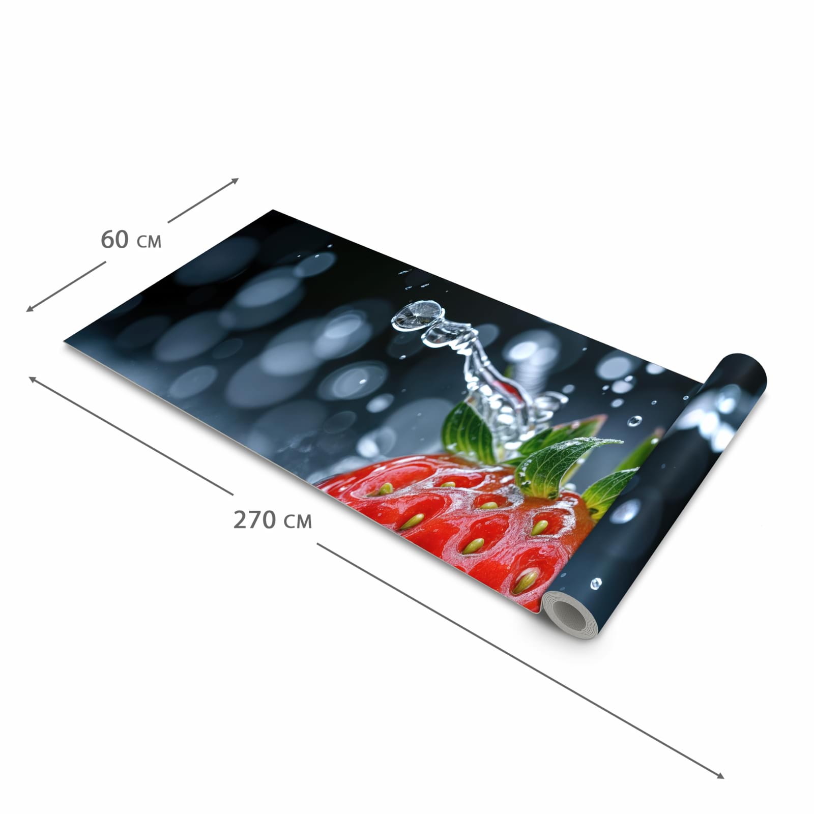 Zeitsparender waschbarer Küchenteppich mit Motiv Splash von Erdbeere in der Grösse 80x300 cm
