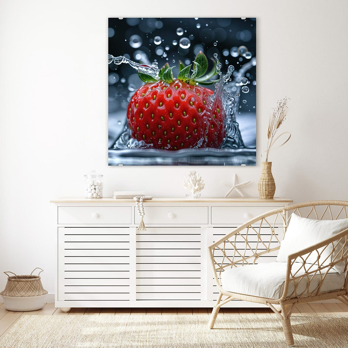 Glasbild Erdbeere im Spritzwasser an der Wand – Einzelne Erdbeere taucht ins Wasser ein, Spritzkrone und Tropfen vor dunklem Grund