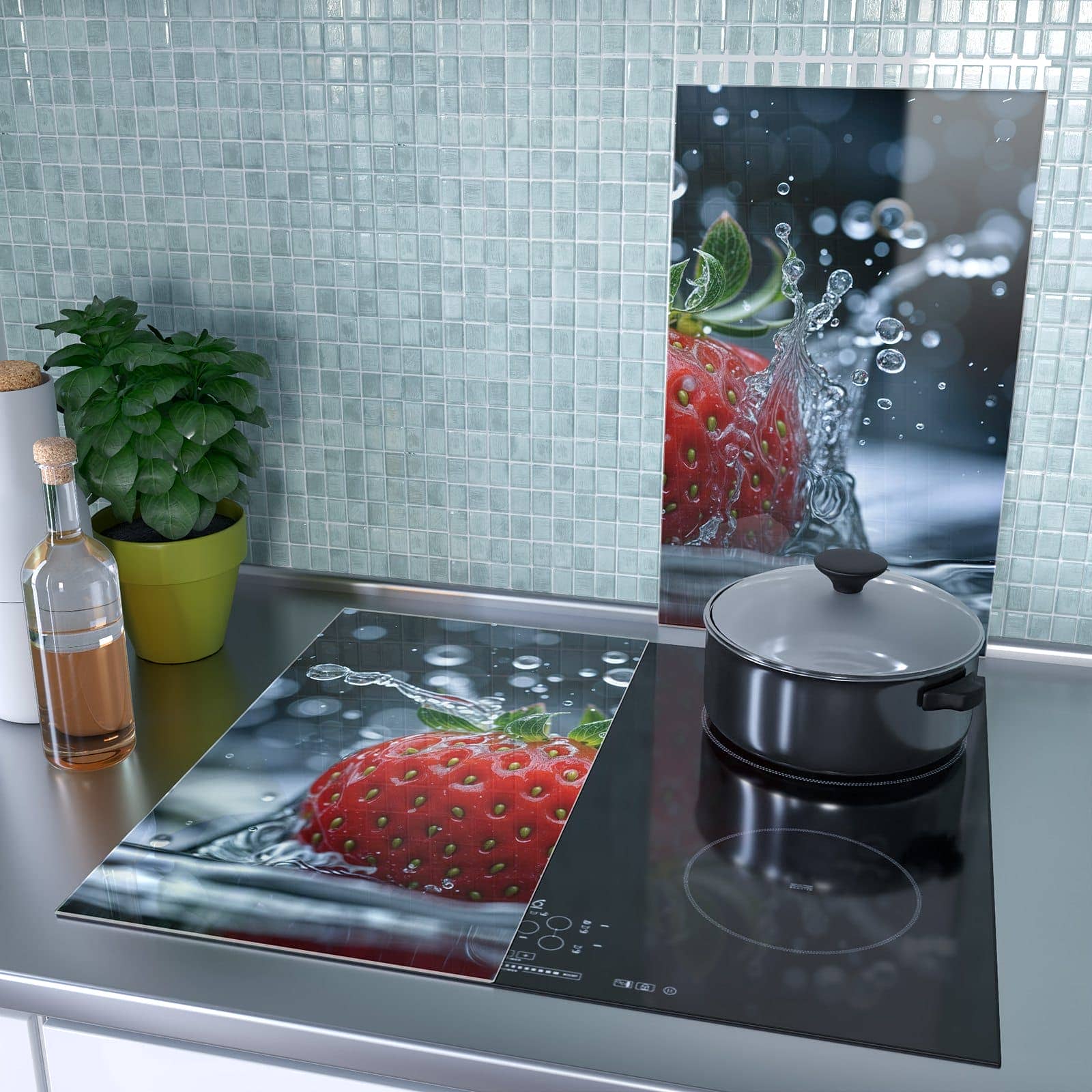2-teilige Herdabdeckplatte mit Erdbeere Wassertaucher-Motiv als Spritzschutz hinter dem Kochfeld