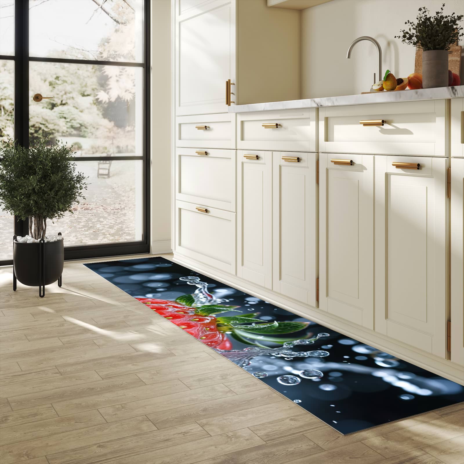 Wasserabweisender Küchenläufer mit Motiv Splash von Erdbeere in heller Küche